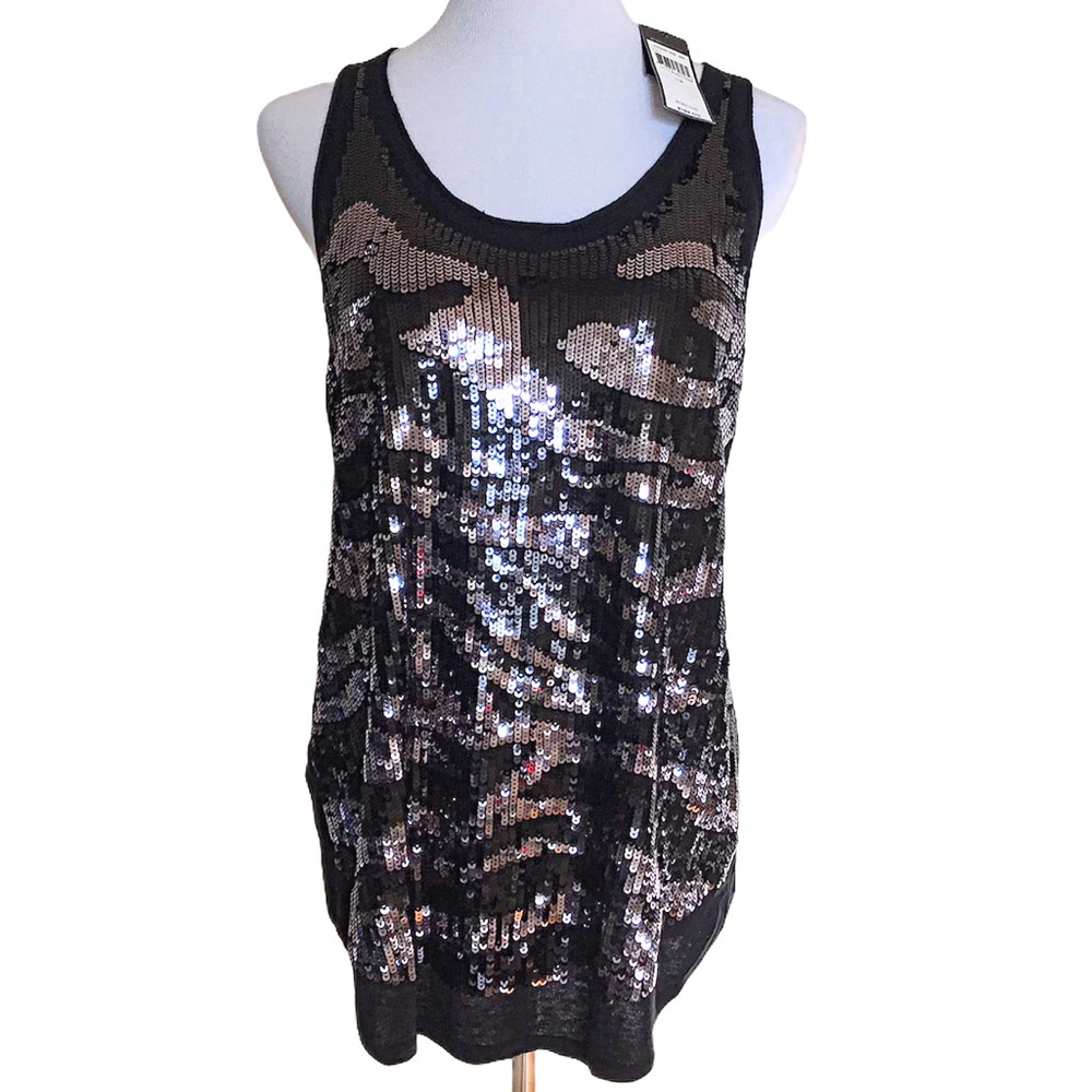 BCBGMAXAZRIA Black Silver Sequin Sleeveless Top Size Medium/ Large